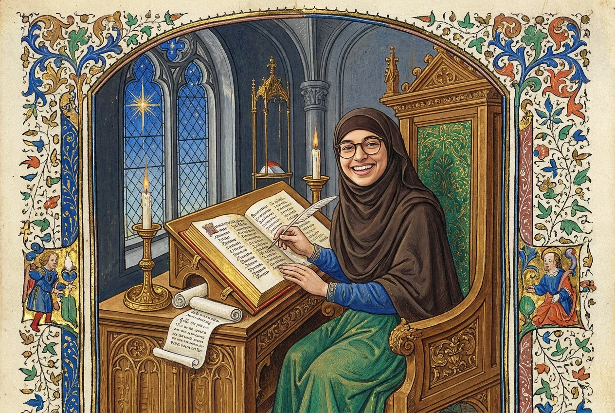 Zyneb als schrijver die de namen in het grote register zet