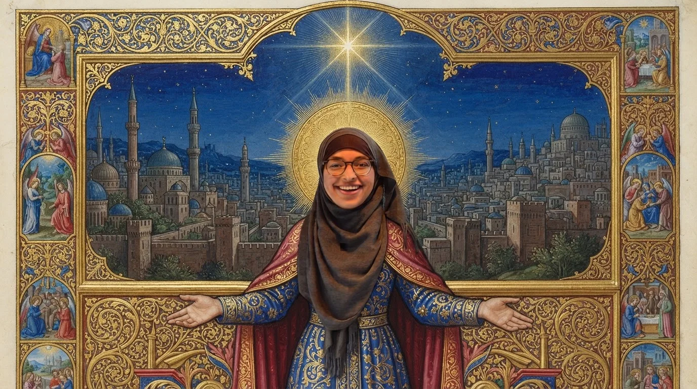 Zyneb met een gouden stralenkrans en open armen boven een stad bij nacht