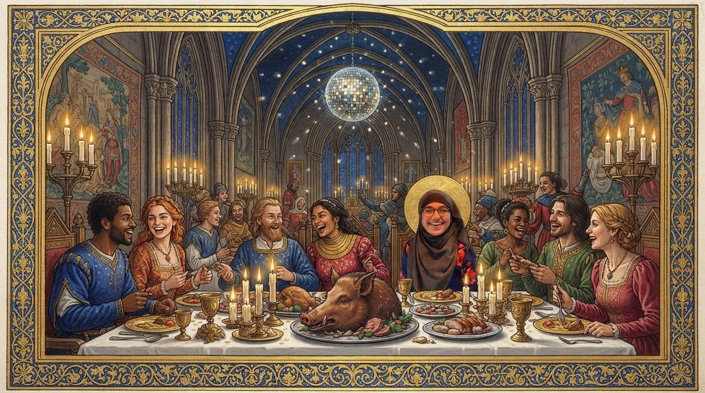 Een kerstmaal aan een lange tafel in een gotische zaal, met kaarsen en een discobal