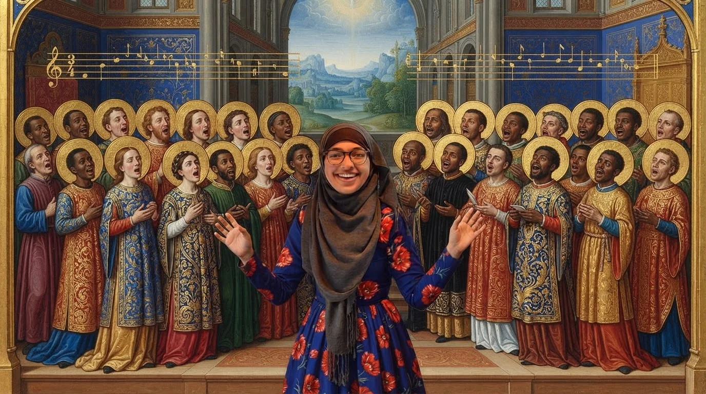 Zyneb die een koor voorgaat in gezang, met gouden muzieknoten