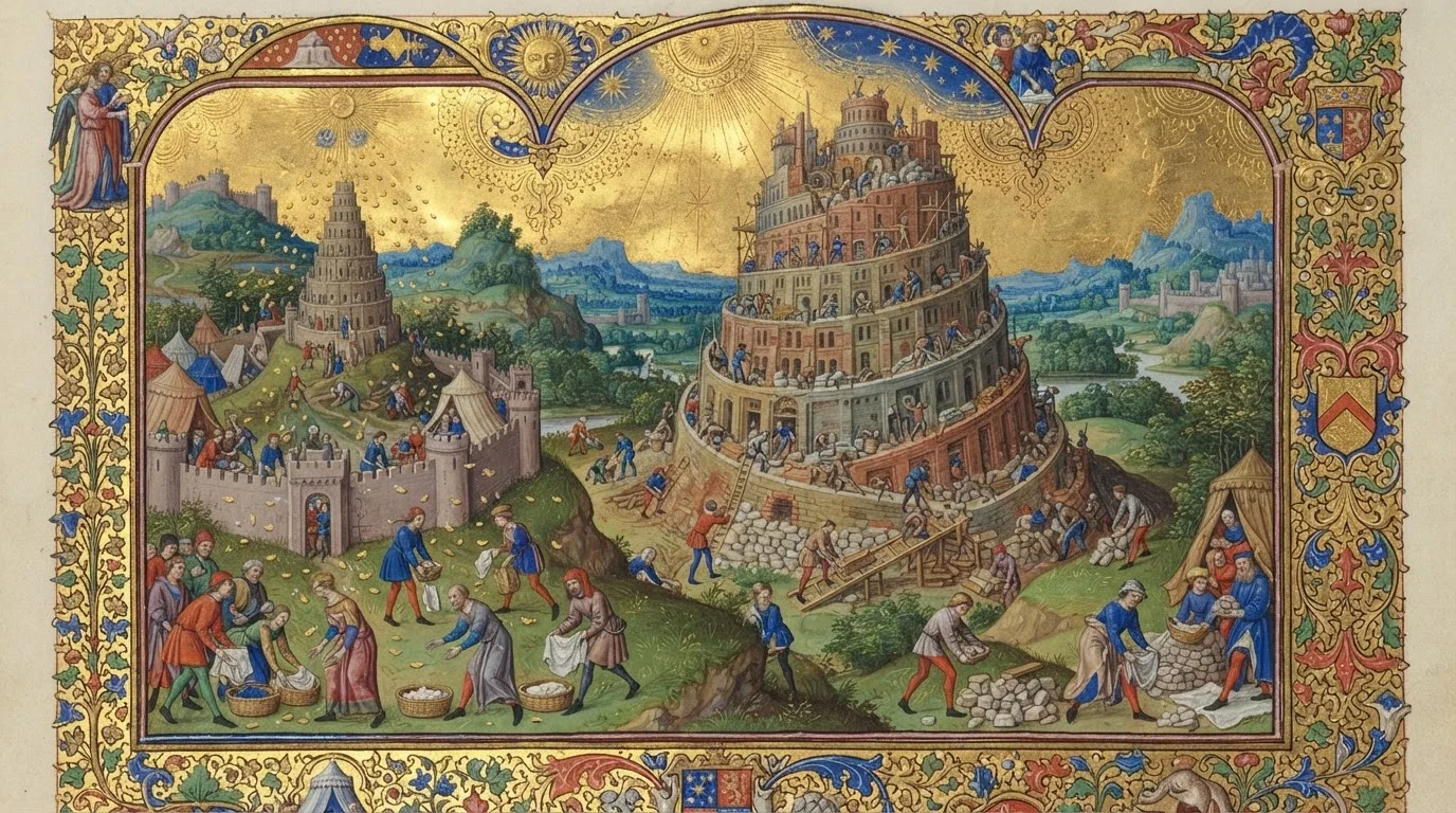 Mensen die manna vangen en aan de toren van Babel bouwen